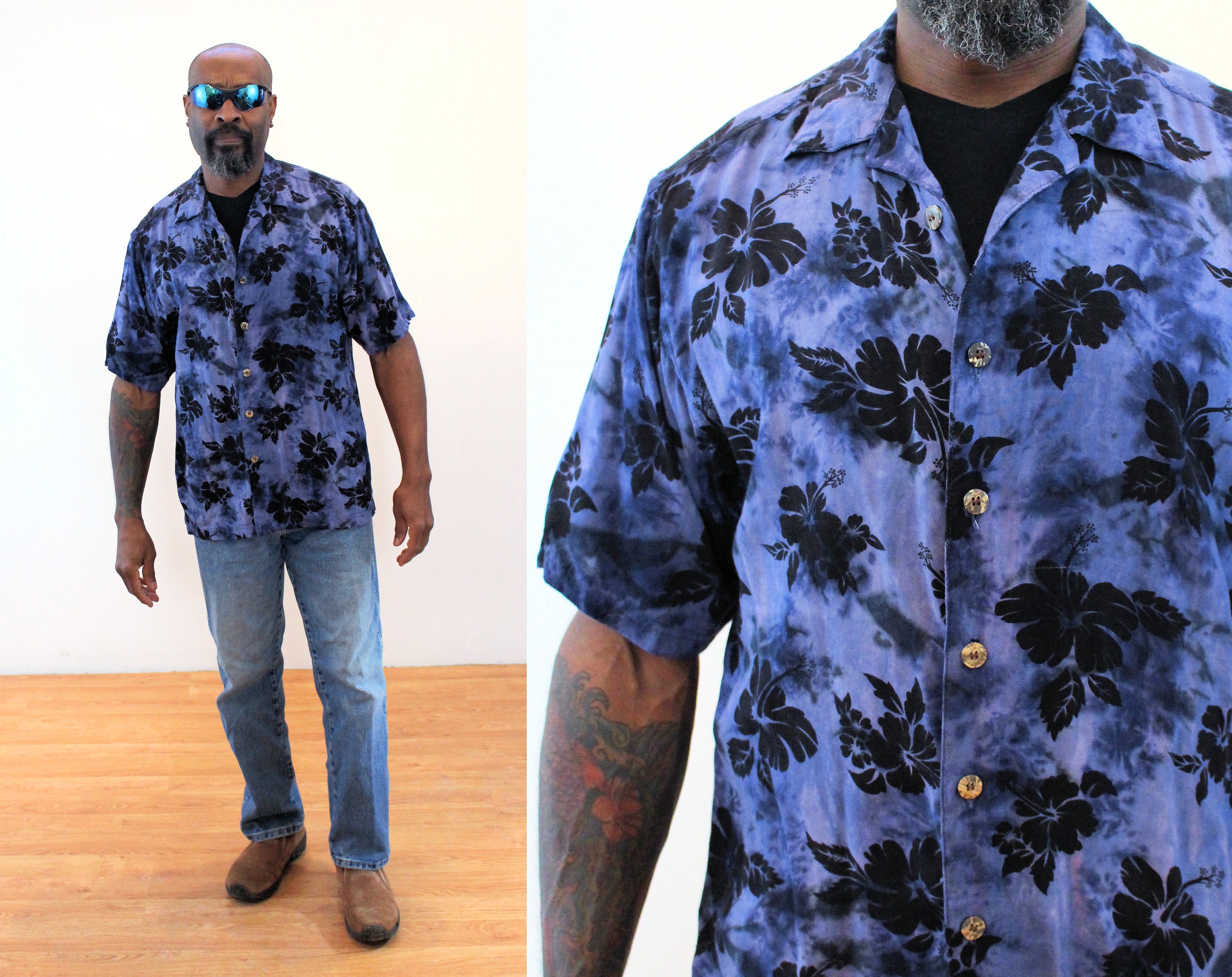 90s Tie Dye Aloha Shirt M Vintage Blue 