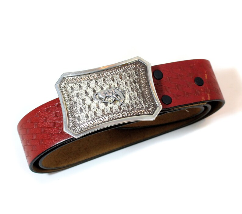90s Dante Pony Belt Size 34 Bronco Nickel Buckle Red Tooled Leather Men/'s Western Wear