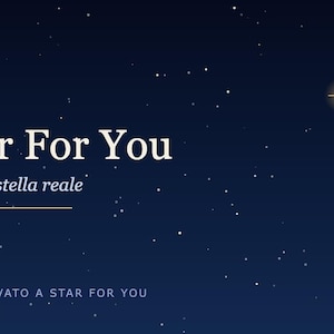 Può includere: Uno sfondo di cielo notturno blu scuro con stelle bianche sparse e una stella gialla luminosa. Il testo recita A Star For You, Dedica una stella reale e REGISTRO PRIVATO A STAR FOR YOU in caratteri bianchi e azzurri.