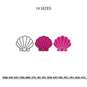 May include: A digital graphic featuring three seashell icons arranged horizontally. The first is a black outline, the second is a solid magenta fill, and the third is a magenta outline with a white fill. Text reads 14 SIZES and EMB, EXP, DST, CND, BRO, STX, JEF, JPX, SEW, ART, PES, PEC, VP3, HUS, PCS, XXX.