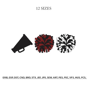 Könnte beinhalten: Eine digitale Grafik mit einem schwarzen Megafon-Symbol, einem rot-schwarzen Pompon und einem weiß-schwarzen Pompon. Der Text 12 SIZES steht oben, und der Text EMB, EXP, DST, CND, BRO, STX, JEF, JPX, SEW, ART, PES, PEC, VP3, HUS, PCS, XXX steht unten.