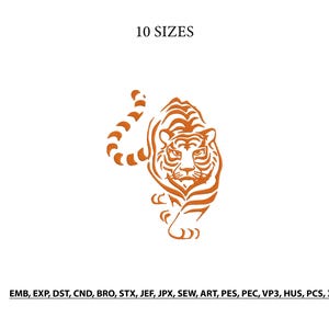Puede incluir: Un diseño de bordado de tigre naranja que muestra un tigre de frente con una cola rayada. El texto 10 SIZES aparece en la parte superior, y el texto EMB, EXP, DST, CND, BRO, STX, JEF, JPX, SEW, ART, PES, PEC, VP3, HUS, PCS, XXX está abajo.