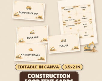 Construction Party Food Tent Cards, Editable Canva Template (3.5x2)