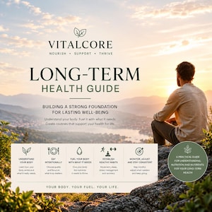 Könnte beinhalten: Ein digitaler Gesundheitsratgeber mit dem Titel VITALCORE LONG-TERM HEALTH GUIDE. Er enthält Text zum Aufbau einer soliden Grundlage für das Wohlbefinden, fünf Symbole mit Beschreibungen für Gesundheitsgewohnheiten und ein rundes Abzeichen.