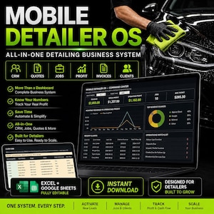 Può includere: Un sistema di gestione aziendale digitale per professionisti della pulizia auto, con un computer portatile e un tablet che mostrano dashboard finanziarie, elenchi di clienti e grafici dei ricavi con etichette per CRM, preventivi e fatture.