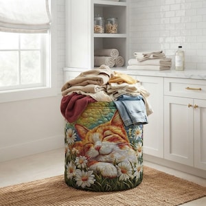 May include: A cylindrical fabric laundry hamper featuring a printed illustration of an orange tabby cat sleeping peacefully among white daisy flowers. The hamper is filled with a pile of folded clothing items in various neutral and muted colours.