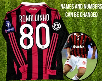 No #80 Maillot Ronaldinho rétro à manches longues de l'AC Milan, maillot de football vintage, maillot vintage à manches longues, maillot vintage de l'AC Milan