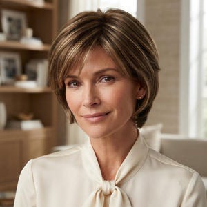 May include: A short, layered brown wig with blonde highlights, featuring a side-swept fringe and a textured, voluminous cut that frames the face. The hair has a natural appearance with multi-tonal streaks throughout the layers.