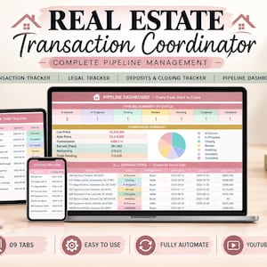 Real Estate Transaction Coordinator Digital, Excel Google Sheets, Agent Pipeline Deadline Commission Closing Legal Tracker, Instant Download