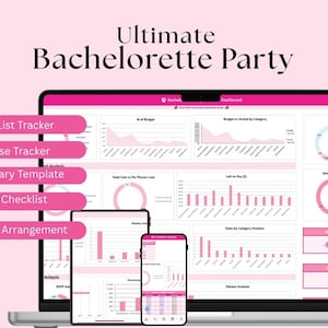 Peut inclure: Un modèle numérique de planification de fête de bachelorette affiché sur un ordinateur portable, une tablette et un smartphone. L'interface présente des graphiques et des suivis roses et blancs pour les invités, dépenses, itinéraire et voyages.