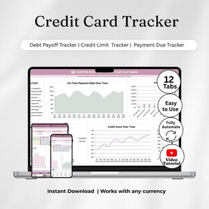 Credit Card Tracker Digital, Excel Google Sheets, Debt Payoff Planner Credit Score Utilization Payment Log Tracker, Instant Download