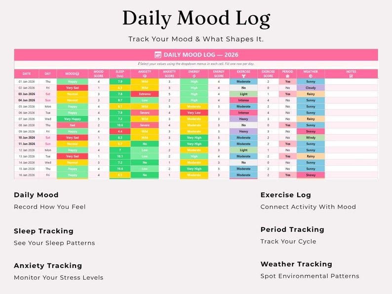 Mood Tracker Digital, Excel Google Sheets, Daily Mood Sleep Anxiety ...