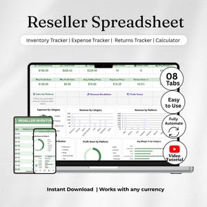 May include: A digital reseller spreadsheet displayed on a laptop and mobile devices, featuring an inventory tracker, expense tracker, returns tracker, and calculator. The interface includes charts, revenue breakdowns, and profit status with 08 tabs.