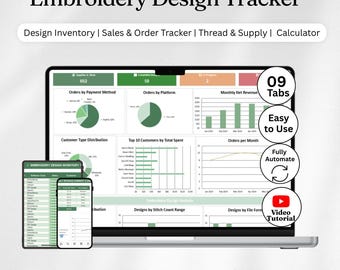 Op de afbeelding: Een digitaal Embroidery Design Tracker spreadsheet weergegeven op een laptop, tablet en smartphone. De interface bevat grafieken en gegevenstabellen voor voorraad, verkoop en bestellingen. Tekst bevat: 09 Tabs, Easy to Use, Fully Automate, Video Tutorial.