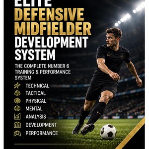 Może przedstawiać: 46-stronicowy przewodnik treningowy zatytułowany Elite Defensive Midfielder Development System. Okładka przedstawia piłkarza w czarnym stroju na boisku, z tekstem dotyczącym techniki, taktyki, fizyczności, mentalności i analizy.