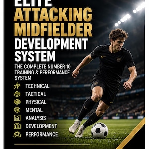 May include: A 46-page training guide titled Elite Attacking Midfielder Development System. The cover features a footballer in a black kit dribbling a ball on a pitch. Text includes The Complete Number 10 Training & Performance System, Create. Connect. Score. Control The Game, and icons for technical, tactical, physical, mental, analysis, development, and performance.