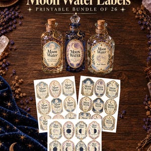 May include: A collection of Moon Water Labels featuring a printable bundle of 26 decorative stickers. Three glass bottles are displayed with labels applied, alongside three sheets of various oval and ornate shaped labels with moon imagery.