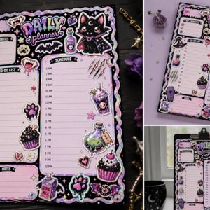 May include: A daily planner notepad featuring a black background with a scalloped edge and pastel purple accents. The page includes sections for top priorities, a to-do list, a schedule, and notes, decorated with illustrations of a cat, potions, and cupcakes.
