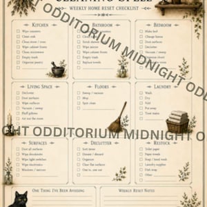 May include: A beige paper checklist titled The Cottage Cleaning Spell: Weekly Home Reset Checklist. It features nine categorized sections including Kitchen, Bathroom, Bedroom, Living Space, Floors, Laundry, Surfaces, Declutter, and Restock, with illustrations of a black cat, books, candles, and plants.