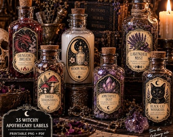 Etiquetas de boticario con temática de brujas, pegatinas góticas para frascos de pociones, calcomanías para frascos de Halloween (descarga digital)
