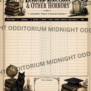 Puede incluir: Un rastreador de tareas en papel beige titulado Deadlines & Other Horrors con una cuadrícula para curso, proyecto, tarea, fecha límite, prioridad, estado, iniciado, enviado, calificación y notas. Incluye ilustraciones de un cuervo, libros, calavera, globo terráqueo, gato y vela.