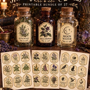 May include: A printable bundle of 27 apothecary labels featuring botanical and mystical illustrations. The set includes three sheets of rectangular stickers with cream-colored backgrounds, black text, and detailed drawings of herbs, plants, and magical ingredients.