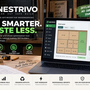 May include: A laptop displaying the Nestrivo sheet cutting optimizer software interface with a sheet layout diagram, project summary, and sidebar menu. The screen shows text including Cut Smarter, Waste Less, and Offline. No subscription. Yours forever.