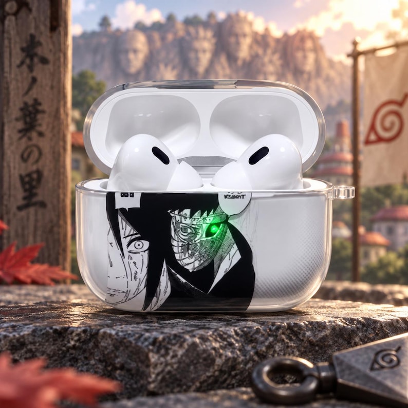 May include: A clear protective case for wireless earbuds featuring a black and white manga-style graphic of a character with a glowing green eye. The case is open, revealing two white earbuds inside, and includes a small side loop for a keychain attachment.