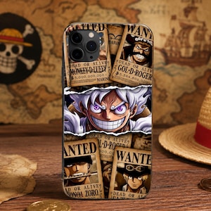 May include: A smartphone case featuring a collage of One Piece wanted posters for Monkey D. Luffy, Gol D. Roger, Roronoa Zoro, and Sabo, with a central graphic of Luffy in his Gear 5 form displaying white hair, purple eyes, and a wide, toothy grin.