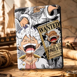 May include: A rectangular tablet case featuring a graphic print of the anime character Monkey D. Luffy in his Gear 5 form. The design includes a Wanted poster with the text WANTED, DEAD OR ALIVE, and MONKEY D. LUFFY 3,000,000,000.