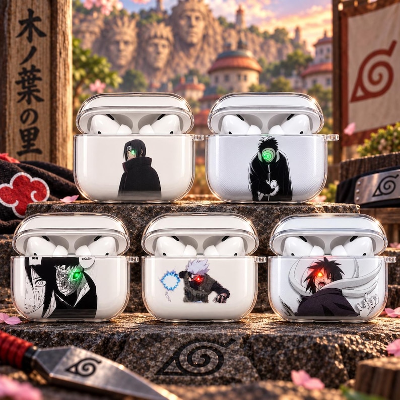 May include: Five clear plastic protective cases for wireless earbuds, each featuring a unique graphic print of anime characters with glowing eyes, including figures in black cloaks and a character with spiky hair using a blue energy attack.
