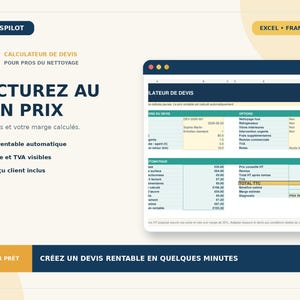 Peut inclure: Un tableur de calcul de devis numérique pour les professionnels du nettoyage intitulé DEVISPILOT. L'interface affiche des colonnes pour les coûts et marges, avec le texte FACTUREZ AU BON PRIX et CRÉEZ UN DEVIS RENTABLE EN QUELQUES MINUTES.
