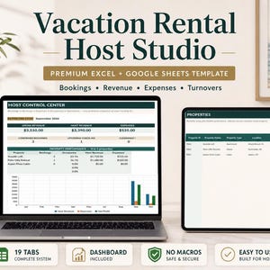 Puede incluir: Una plantilla digital de estudio para anfitriones de alquiler vacacional para Excel y Google Sheets mostrada en una laptop y una tableta. La pantalla muestra un panel de control con datos financieros, tablas de rendimiento y gráficos.