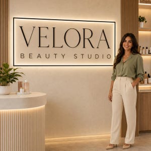 以下が含まれることがあります： 黒いフレームとバックライト付きの文字で「VELORA BEAUTY STUDIO」と書かれた長方形の壁面看板。看板は、カーブした溝付きの受付カウンターの上の明るい色の壁に取り付けられています。セージグリーンのボタンダウンシャツとクリーム色のズボンを着用した人物が右側に立っています。
