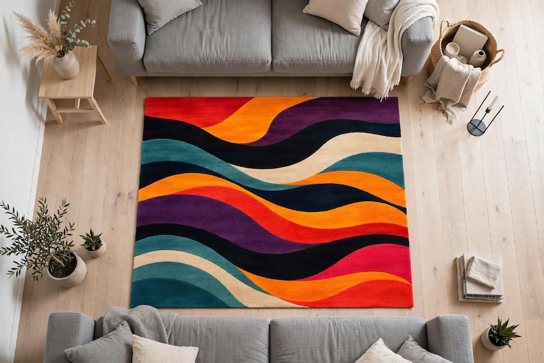 Hand Tufted Wool Abstract Wave Rug, Modern Colorful Bedroom Decor - Etsy UK