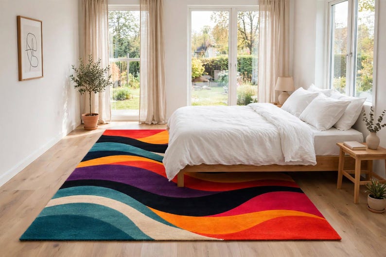 Hand Tufted Wool Abstract Wave Rug, Modern Colorful Bedroom Decor - Etsy UK