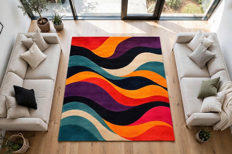Hand Tufted Wool Abstract Wave Rug, Modern Colorful Bedroom Decor - Etsy UK