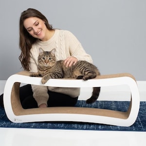 Large Cat Scratcher Bed & Lounge, Cloud White Jumbo Cat Scratching Post, Ergonomic Pet Furniture for Stretching and Resting