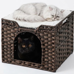 May include: A dark brown woven wicker cat house with a square shape and an arched front opening. A fluffy white cushion sits on the top surface, where a long-haired silver cat is sleeping, while a black cat rests inside the dark interior space.