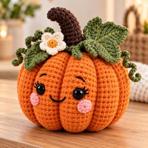 Peut inclure: Une citrouille en crochet orange avec une tige marron foncé, des feuilles vertes et une petite fleur blanche. La citrouille présente un visage brodé amical avec des yeux noirs, des cils, un sourire courbé et des joues roses sur la surface.