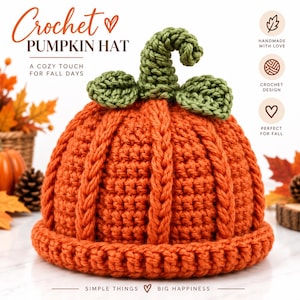 Può includere: Un cappello all'uncinetto color arancione brillante a forma di zucca, caratterizzato da una trama a coste verticali, un bordo spesso arrotolato e un gambo verde all'uncinetto con due piccole foglie verdi sulla parte superiore. Testo visibile.