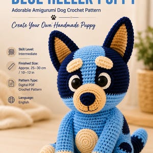 Virkat blått hundmönster, Amigurumi blått hundmönster, tecknad valpleksak, virkad hunddocka, digitalt PDF-mönster, gosedjur