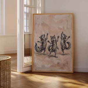 Whimsical Dancing Wolves Wall Art, Playful Animal Print, Neutral Tones Poster, Living Room Decor