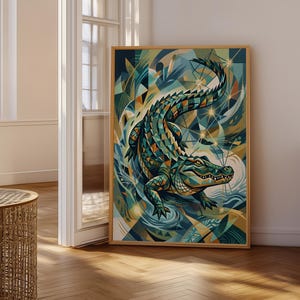 May include: A rectangular framed wall art print featuring a stylized alligator in a geometric pattern. The artwork uses a palette of teal, dark blue, orange, and cream colors, depicting the creature amidst abstract water ripples and light flares.