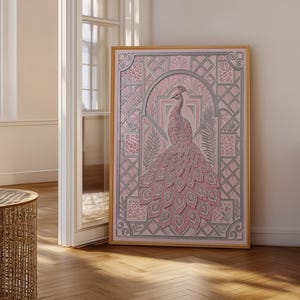 Art Deco Peacock Wall Art, Pastel Pink and Silver Bird Poster, Elegant Bedroom Decor, Intricate Pattern Design