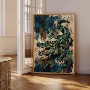 Pode incluir: Uma impressão de arte de parede retangular apresentando um crocodilo geométrico estilizado em tons de verde esmeralda, azul-petróleo e marrom escuro. O crocodilo é retratado com a boca aberta e dentes afiados sobre um fundo abstrato.