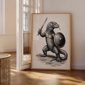 Vintage väggkonst med krigarödla, detaljerad reptil med svärd och sköld, monokrom fantasidekor, kontors- eller vardagsrumsaffisch