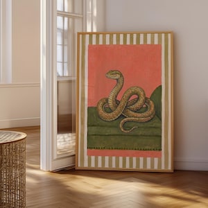Vintage ormillustration, ormkonst, poster i jordnära toner, väggkonst för vardagsrum