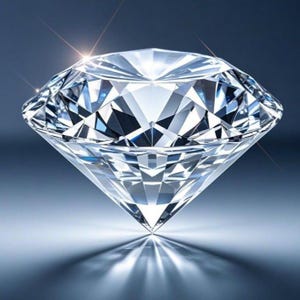 May include: A brilliant-cut clear diamond with multiple triangular and trapezoidal facets. The gemstone displays intense light refraction and internal reflections, creating sharp geometric patterns and bright white highlights against a dark background.