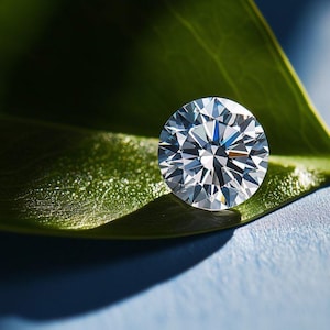 May include: A round, brilliant-cut clear gemstone with multiple facets reflecting light, resting on a smooth, vibrant green leaf. The stone displays high clarity and sharp geometric patterns across its surface, creating a bright, reflective appearance.